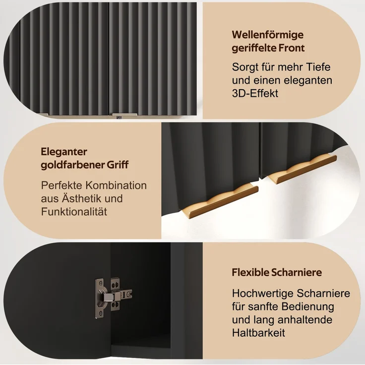 Küchen-Wandschrank 90 x 29 x 60 cm in Schwarz mit 3 Türen und strukturierten Fronten – Bild 8