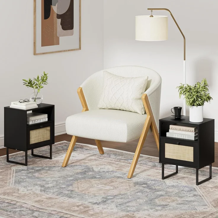 Nachttisch Rattan Boho Bauernholz Schublade Regal Beistelltisch Schwarz – Bild 5