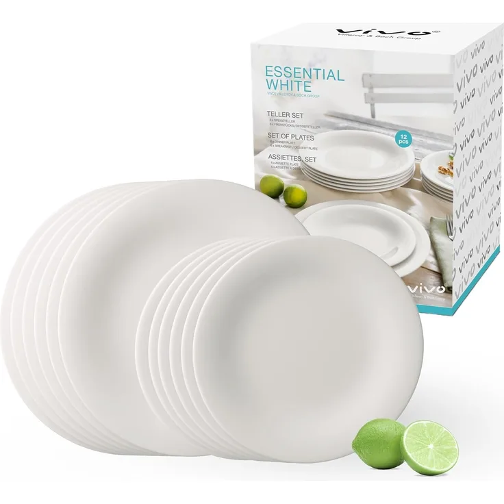 vivo Villeroy & Boch Group Teller-Set Essential White (12-tlg), 6 Personen, Fine China-Porzellan, Made in Germany, Fine China Porzellan