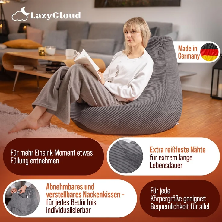 LazyCloud Sitzsack für Erwachsene mit integrierter [Nackenstütze] Cord | XXL Indoor Bean Bag mit Füllung | perfekt als Chill-, Lese- oder Gaming Sessel (90 x 80 x 70 cm) (Anthrazit) – Bild 6