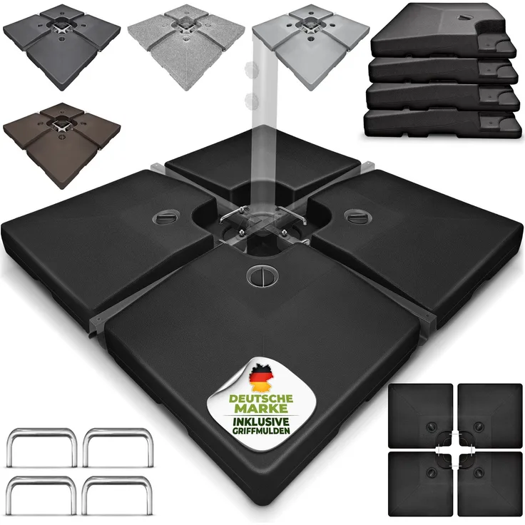 tillvex® Sonnenschirmständer Schwarz 90 Liter / 120 kg – 4-teilig für Ampelschirm inkl. Metallverbinder | Schirmgewicht befüllbar mit Wasser oder Sand | Schirmständer Ampelschirmständer wetterfest