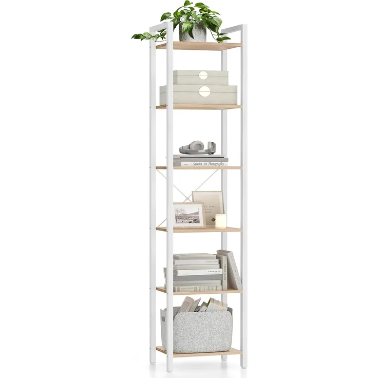 VASAGLE Regal, Bücherregal, Standregal, Aufbewahrungsregal 6 Ebenen, offene Ablagen, Industrie-Design, für Wohnzimmer Büro Arbeitszimmer Flur, Stahlgestell, naturbeige-mattweiß LLS101N01