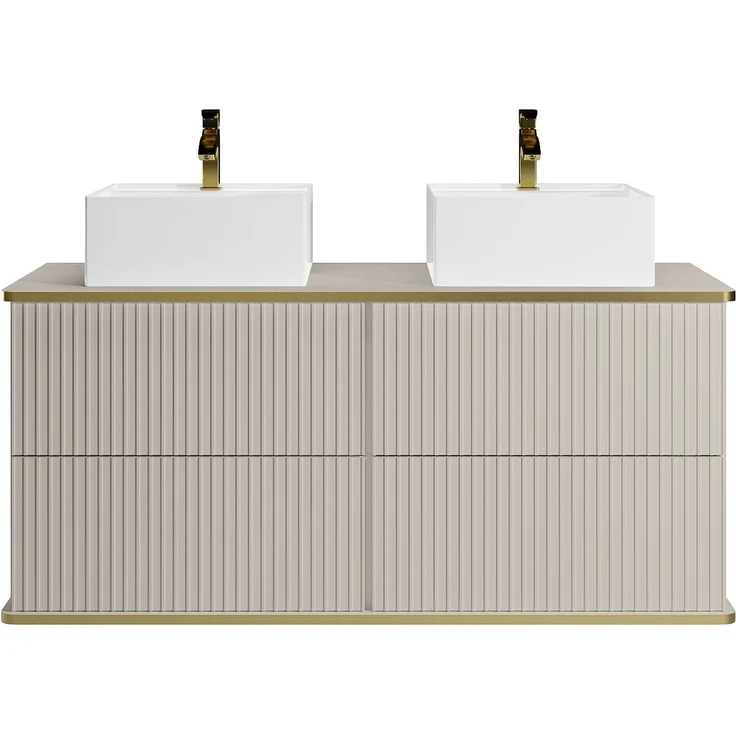 Vente-unique - Waschbeckenunterschrank hängend, gerillt mit goldenem Zierstreifen und doppeltem quadratischen Aufsatzwaschbecken – Beige – 120 cm – KELIZA – Bild 4