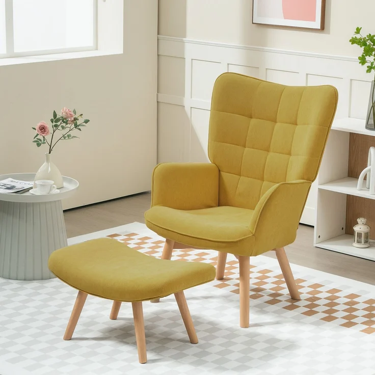 Akzentsessel mit Hocker, Relaxsessel in Cord-Optik, Armlehnstuhl mit Holzbeinen, für Wohnzimmer, Orange--Orange--72x80x101cm--YOUDENOVA – Bild 3