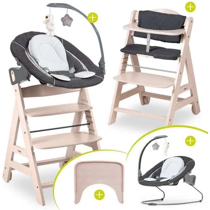 Hauck Hochstuhl Beta Plus Whitewashed Newborn SetWippe Deluxe, Holz Babystuhl ab Geburt mit Neugeborenensufsatz, Sitzkissen, Essbrett – Bild 4