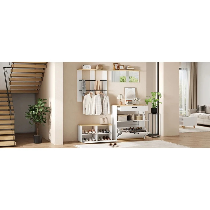 Garderoben-Set, Schrank, Schublade, Spiegel,Multifunktionale Garderobe,Schuhschrank mit Schuhbank, Kann frei kombiniert werden,Geeignet für Eingangsbereich, Wohnzimmer,Weiß + Holzton,156x36x176cm--Weiß+Natur--156x36x176cm--YOUDENOVA – Bild 8