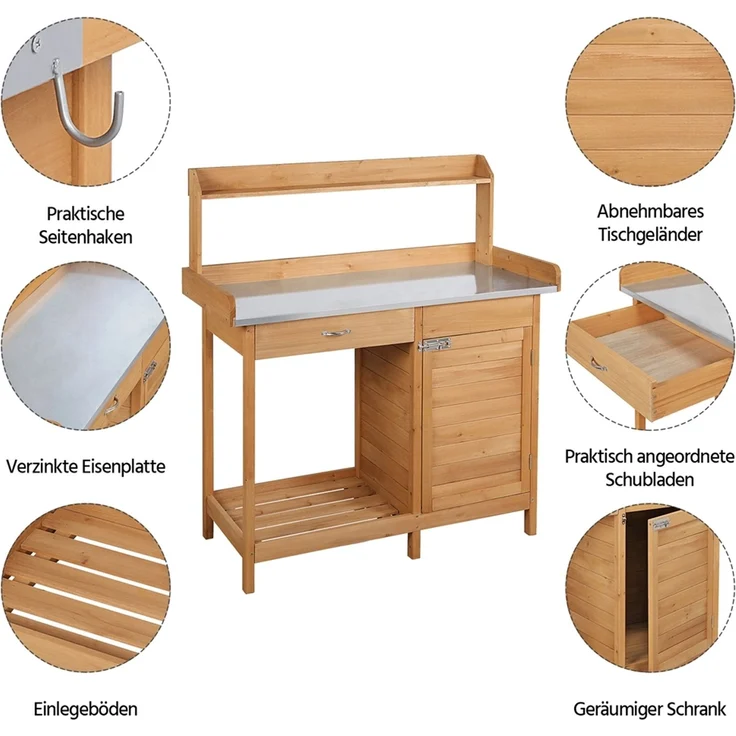 Yaheetech Pflanztisch mit Schubladen & Unterschrank, Blumentisch Gärtnertisch mit verzinkter Arbeitsplatte, wetterfest, 101 x 46 x 125 cm, Holzfarbe – Bild 10