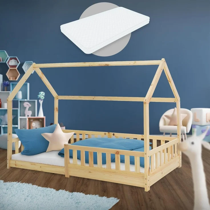 ML-DESIGN Spielbett Hausbett Kinderbett inkl. Lattenrost kreativ Bodenbett für Kinder, Abenteuerbett zum Spielen mit Rausfallschutz Kiefer Natur Himmelbett – Bild 1