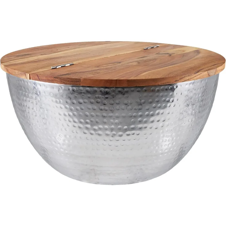 riess-ambiente Couchtisch ORIENT STORAGE Ø60cm natur / silber (Einzelartikel, 1-St), Wohnzimmer · rund · Massivholz · Metall · mit Stauraum · Hammerschlag