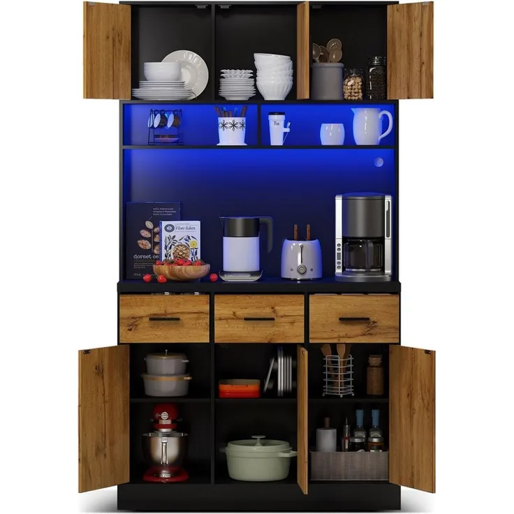 Flieks Küchenbuffet mit LED-Beleuchtung und Steckdosen (1-St, 100x40x180cm) Hochschrank Küchenschrank Geschirrschrank mit verstellbare Ablagen