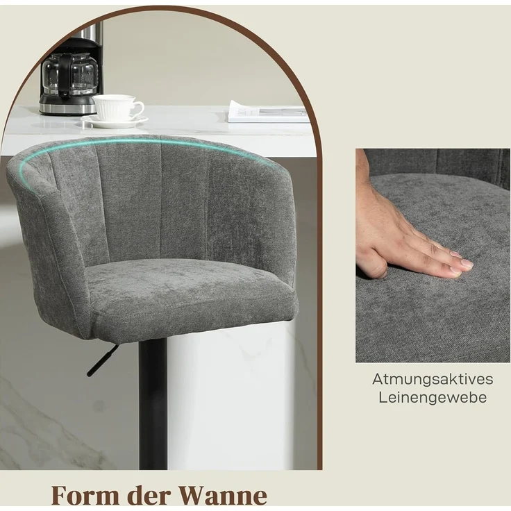 HOMCOM Barhocker 2er-Set, mit Fußstütze, drehbar, höhenverstellbar, mit Leinenbezug (Barstuhl, 2 St, Bistrohocker), für Wohnzimmer, Esszimmer, Dunkelgrau – Bild 6