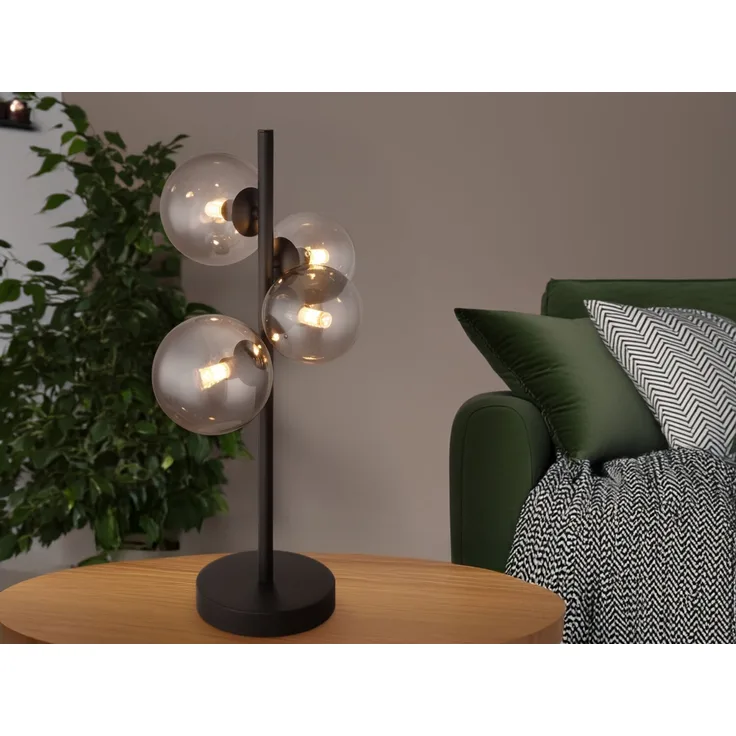 LED Tischleuchte, Metall, schwarz, Glas, rauch, Kugeln