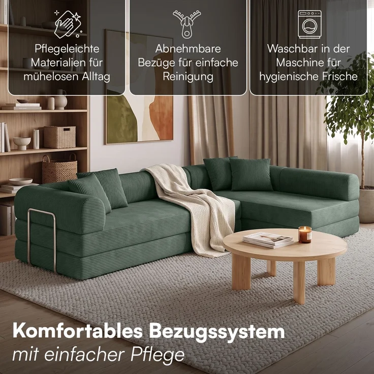 skølm 'Lofn' Modulares Sofa 4 Sitzer, 300x200 cm, Vollschaumcouch mit Metallgestell, Cord dunkelgrün, Schlafsofa vakuumverpackt, kein Aufbau erforderlich – Bild 7