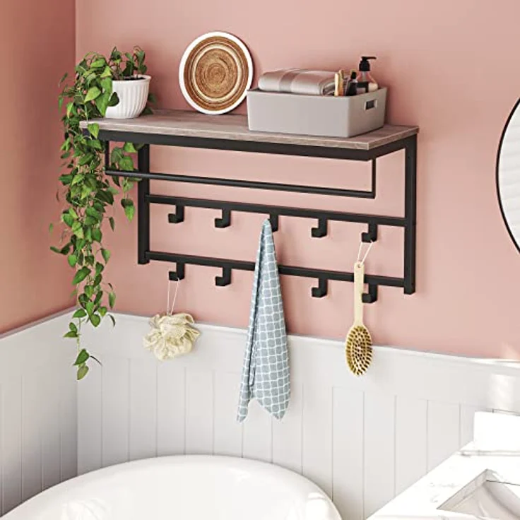 Hoobro Wandgarderobe mit Ablage, Wandregal mit 10 Haken und Stangen, 80 x 30 x 42 cm, Wandmontiertes Hängeregal für Flur, Wohnzimmer, Schlafzimmer – Bild 5