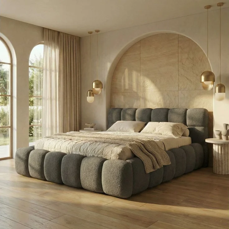 yourhouse24 Polsterbett Boston Slim Bouclé kompaktes Wolkenbett mit Bettkasten, Bubble-Optik & Japandi – Bild 1