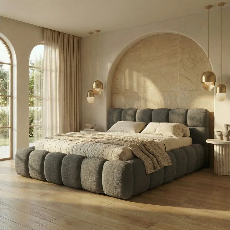 yourhouse24 Polsterbett Boston Slim Bouclé kompaktes Wolkenbett mit Bettkasten, Bubble-Optik & Japandi