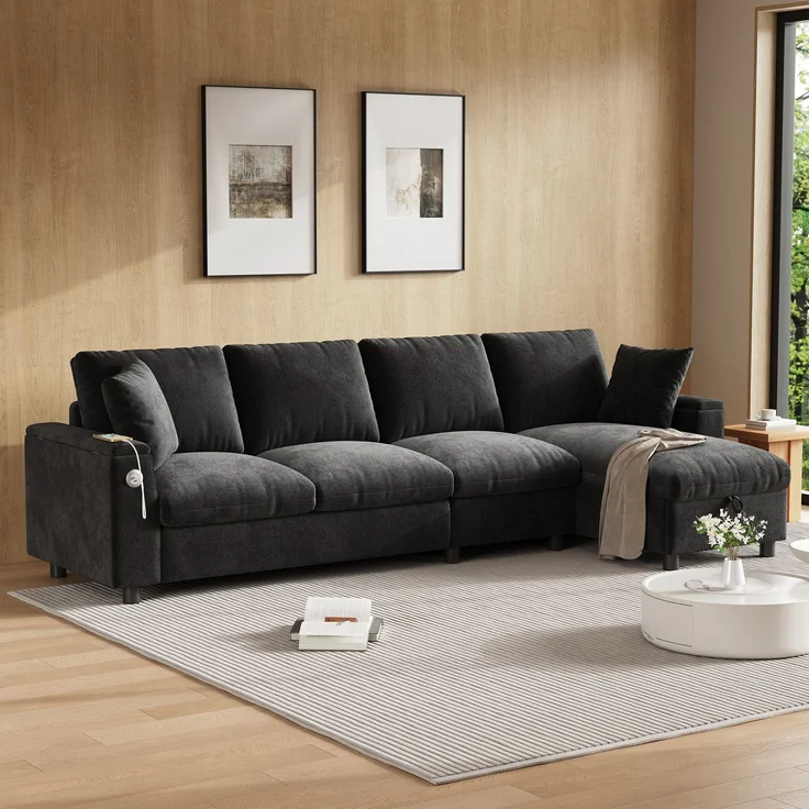 EINHOM Chenille-Stoffsofa, L-förmige Ecke und zwei Armlehnen mit Stauraum. Ausklappbarer Couchtisch mit zwei Getränkehaltern, 1 USB und 1 Typ-C. L-förmiger Teil kann links oder rechts platziert werden. grau – Bild 3