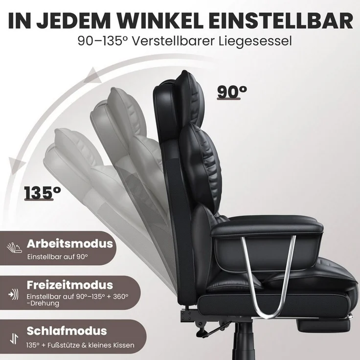 ZAISZE Bürostuhl Ergonomischer Bürostuhl mit Ruhefunktion, 136° Neigung (Spar-Set), Arretierbare Rückenlehne, klappbare Fußstütze, Belastbarkeit: 150 kg – Bild 4