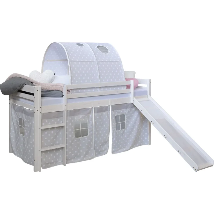 Hochbett mit Matratze 90x200 Rutsche Stockbett Weiß Kinderbett Holz Kiefer Vorhang Tunnel Sterne grau Lattenrost – Bild 5