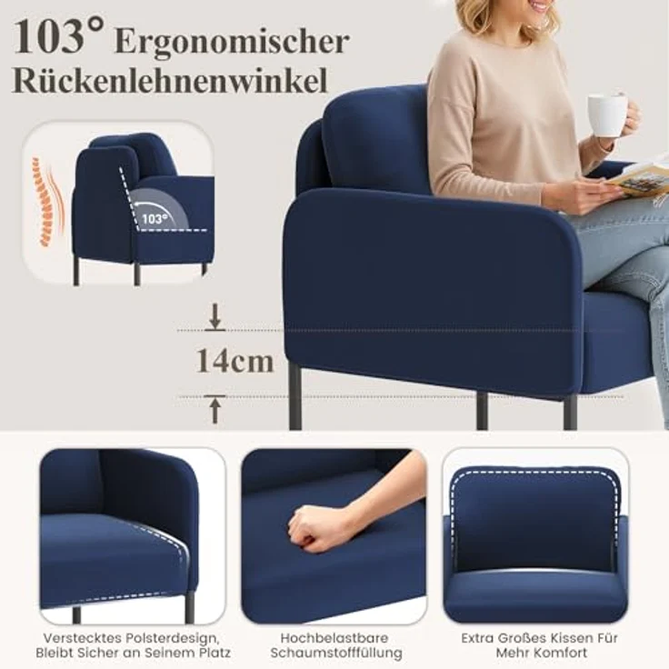 COLAMY Gepolsterter Ohrensessel 2er Set aus Samt – Moderner Lounge-Sessel mit weicher Rückenlehne, Komfortabler Sessel für Wohnzimmer, Schlafzimmer, Apartment & Leseecke, Blau – Bild 5