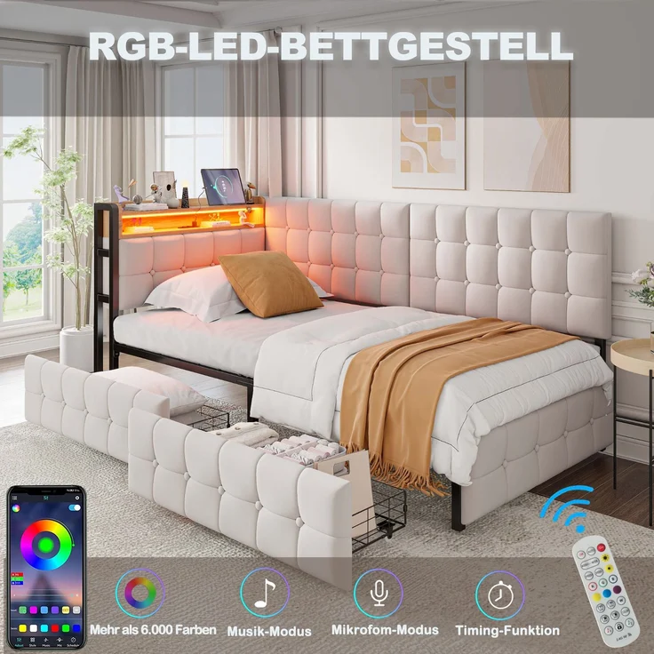90 X 200 Gepolstertes Schlafsofa, Polsterbett mit 2 Schubladen und LED-Nachttischlampe, USB- und Typ-C-Anschluss, multifunktionales Kinder-Bootsbett, Schlafsofa Einzelbett Beige – Bild 5
