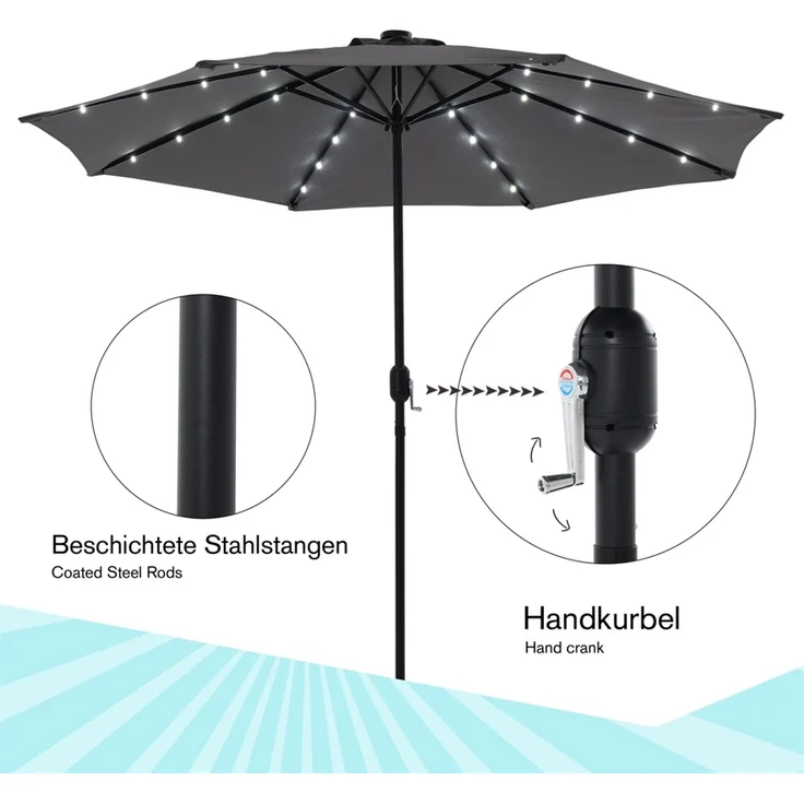 Sonnenschirm Marktschirm Ø3m LED grau Beleuchtung Strandschirm Gartenschirm UV – Bild 4