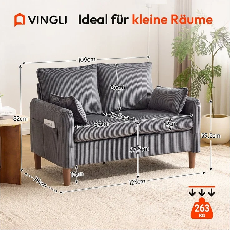 VINGLI Sofa klein 2-Sitzer, 125cm Couch aus Cord, stabiler Konstruktion, vielseitig für Wohnzimmer/Wohnung/Büro – Bild 2