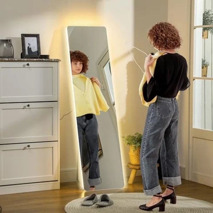 HOMCOM Standspiegel 150 x 40 cm Flurspiegel mit LED-Beleuchtung, 3 Lichtfarben (Wandspiegel, 1-St, Ganzkörperspiegel), für Schlafzimmer, Wohnzimmer, Transparent – Bild 1