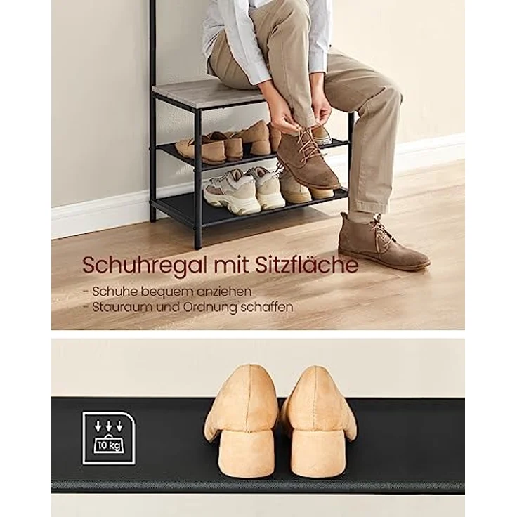 VASAGLE Garderobenständer, Garderobe mit Schuhbank, Kleiderständer, Kleiderstange, 9 abnehmbare Haken, 32,2 x 64 x 180 cm, Industrie-Stil, für Flur Schlafzimmer, Greige-schwarz HSR411B02 – Bild 5