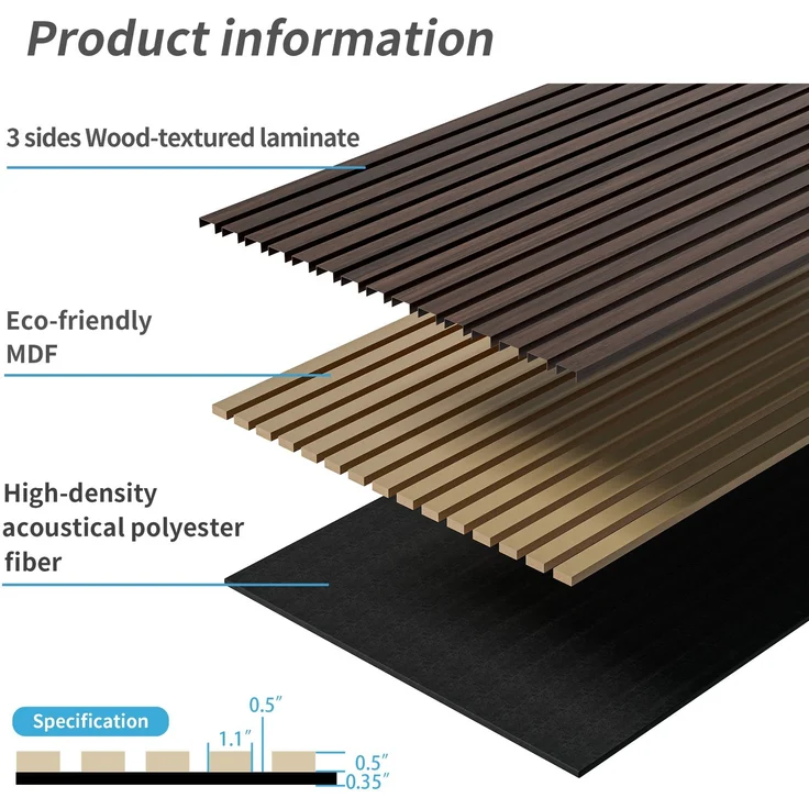 Holzpaneele für Wandlamellen, 4-teiliges Set Akustikpaneele aus Holzlamellen für Wand und Decke – 3D-geriffelte, schallabsorbierende Paneele mit dreiseitiger Holzverkleidung – 120 cm x 60 cm (Dunkelwalnuss) – Nussbaum – 115 x 62 x 9,5 cm – YOUDENOVA – Bild 5