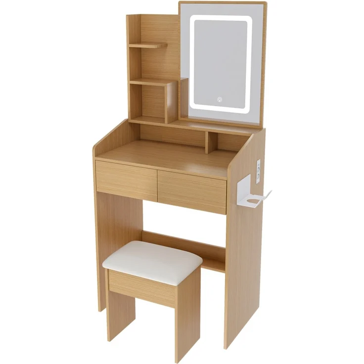 CHICFURN Schminktisch 60x130x36 cm aus MDF mit LED-Beleuchtung, Hocker und 2 Schubladen – Naturholz – Bild 7