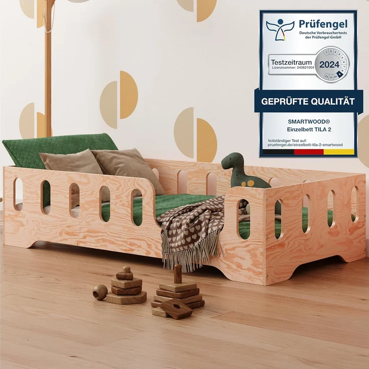 smartwood Kinderbett Bodenbett 90x180 mit Rausfallschutz & Lattenrost - Holz - Kinder Montessori Bett TILA 2P mit glatten Kanten - Betten für schnelle Montage - Bis 230 kg belastbar – Bild 1