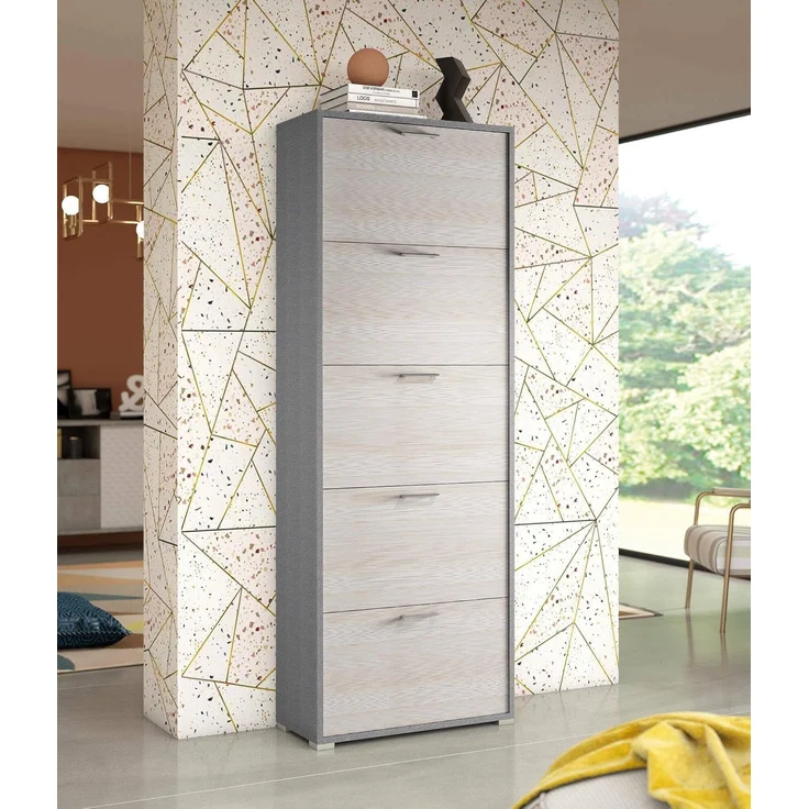 Dmora - Schuhregal Surfinia, Mehrzweck-Eingangsmöbel mit 5 Falttüren, Schuhschrank mit doppelter Tiefe, 100 % Made in Italy, 67 x 28 x 183 cm, Lärche,