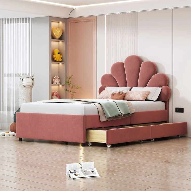 Polsterbett Kinderbett 90x200 cm, Bettrahmen mit geblümtem Kopfteil und Lattenrost, mit 2 Ablagefächern, Mädchenbett-Gästebett aus hautfreundlichem Samtstoff, Rosa – Bild 2