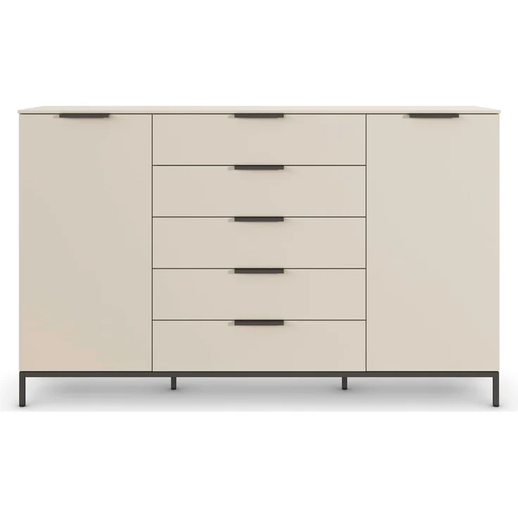 Rauch Möbel Flipp, Nachttisch für Schlafzimmer, Kinderzimmer, Wohnzimmer, Flur, Garderobe, 2-türig, 5 Schubladen, mit Softclose-Funktion, Griffe und Metallkufe Graphit, Farbe Beige, Breite 180 cm – Bild 5