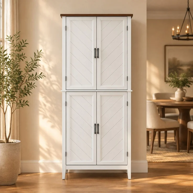 Küchenbuffet B 76 x T 40 x H 178,5 cm aus MDF in Weiß mit Holzoptik, 4 Türen – Bild 2