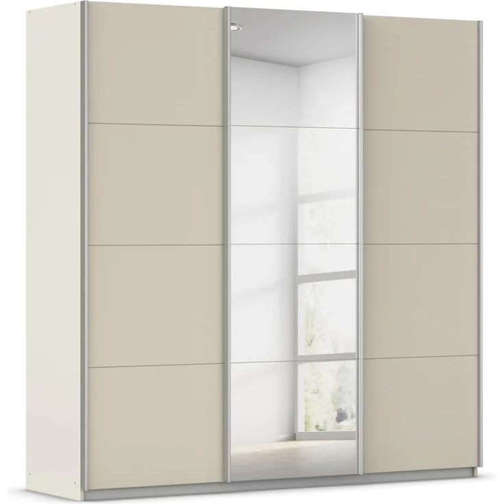 Rauch Möbel Kulmbach, Kleiderschrank mit Schwebetüren für Schlafzimmer, Kinderzimmer, Flur, 3-türig, mit Spiegel und Soft-Close-Funktion, Zubehör Premium, Farbe Beige, Breite 203 cm