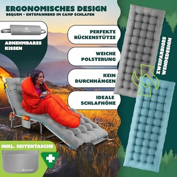 KESSER Campingbett klappbar mit Tragetasche, Nackenkissen, Vakuumtasche & Getränkehalter, Oxford-Gewebe grau / blau, 68 x 190 x 30 cm – Bild 3