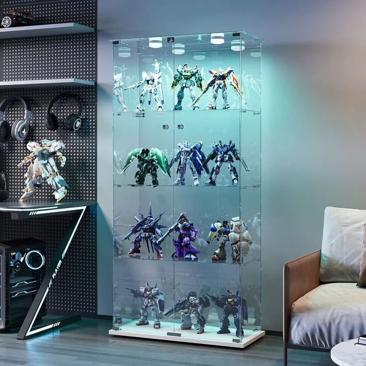FUROKOY Glasvitrine Standvitrinen, Vitrine aus gehärtetem Glas (Vitrinenschrank mit 2 Glastür und Beleuchtung für Sammler, Bücher) 4 Lagen Sammlervitrine, Weiß – Bild 3