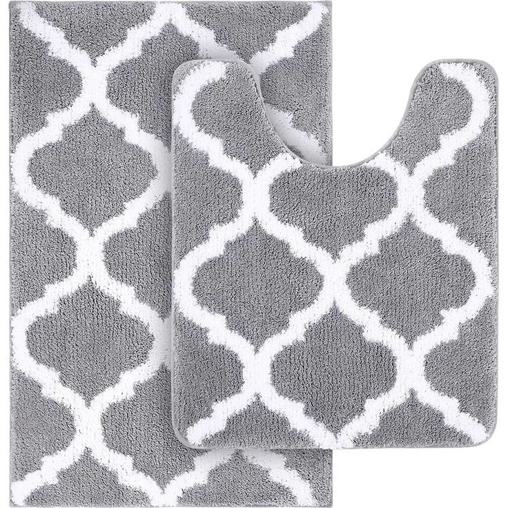 Homaxy rutschfest Badematten Set 2 teilig Weich Hochflor Bad WC Badezimmerteppich Set Mikrofaser Badvorleger Set 2teilig -Grau – Bild 1