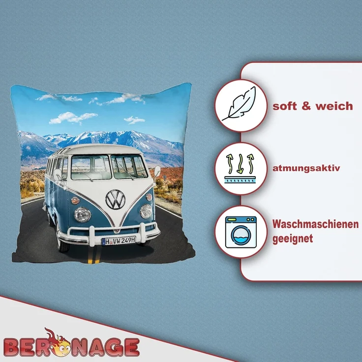 BERONAGE Dekokissen VW Volkswagen Bulli T1 Blau 40 x 40 cm Kissen pass. zur Bettwäsche 236, kuschelweich – Bild 5