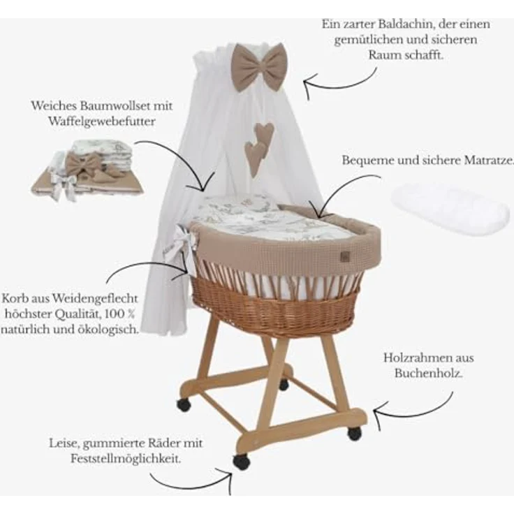 Wiklinopol Stubenwagen aus Weide mit Baldachin und Gestell Lena – Moseskorb in Natur, Komplettset mit 5-TLG. Waffel-Bettwäsche Safari Beige – Mit Rollen, Tragbar, Sicher – Bild 4