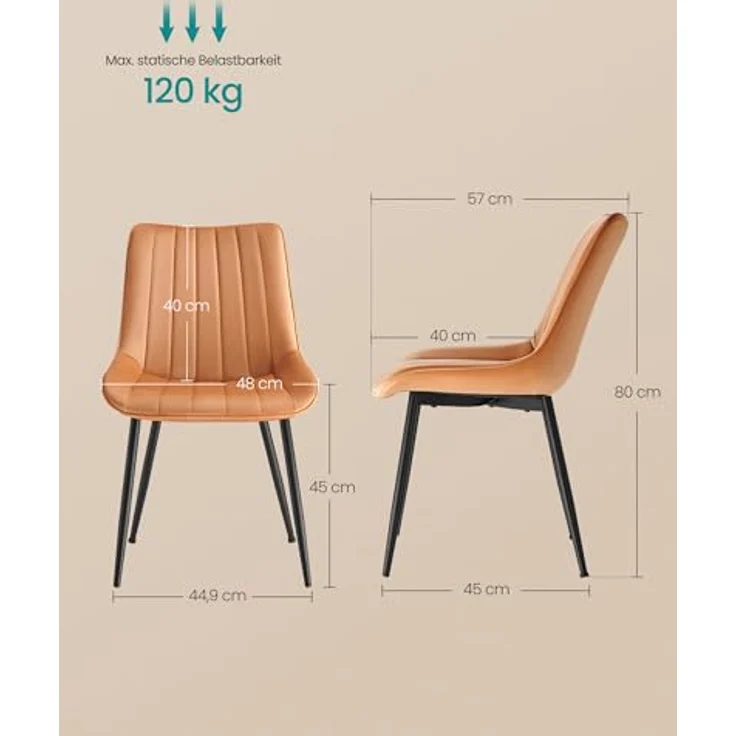 SONGMICS Esszimmerstuhl 2er Set, Küchenstuhl, Samt,Polsterstuhl, bis 120 kg belastbar, Stahlbeine, Gebogene Rückenlehne, für Esszimmer, Küche, karamellbraun-tintenschwarz LDC090K01 – Bild 4