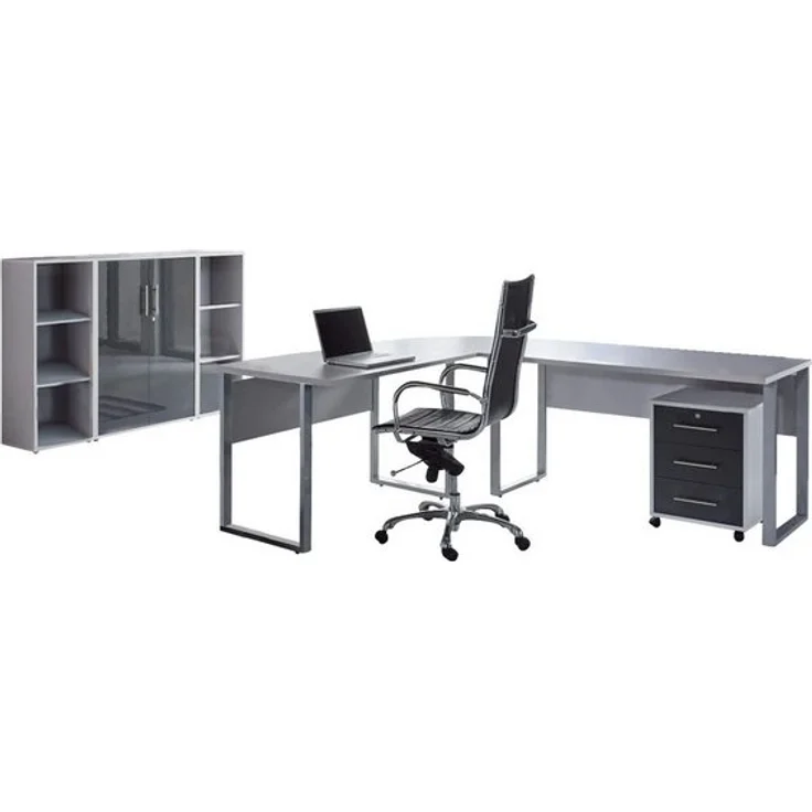 BMG Möbel Büromöbel-Set Office Edition Set 2, (Büro Set, 5 tlg, Fronten Matt oder Hochglanz lackiert), Aktenschrank und Rollcontainer abschließbar, Winkelschreibtisch – Bild 4