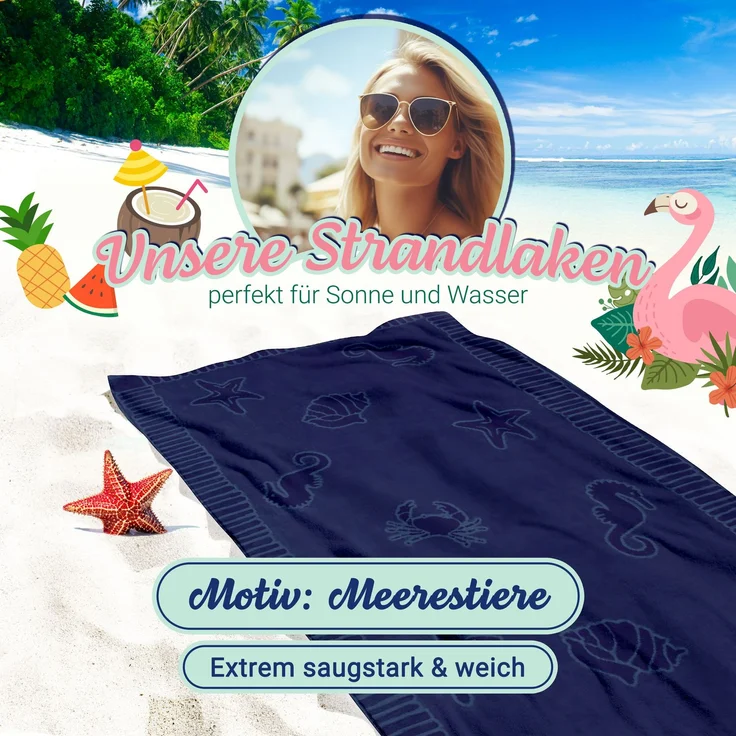 ZOLLNER Strandtuch XXL aus Baumwolle, 100x200 cm, dunkelblau mit Meerestiermotiven – Bild 4