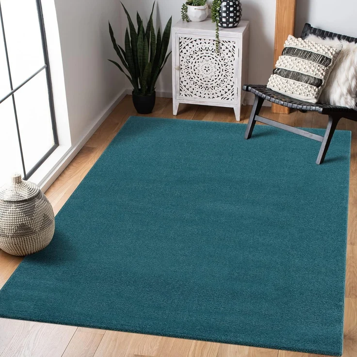 SANAT Kurzflor Teppich Wohnzimmer - Uni Modern Teppiche fürs Schlafzimmer, Arbeitszimmer, Büro, Flur, Kinderzimmer und Küche - Dunkelblau, 80x200 cm – Bild 2