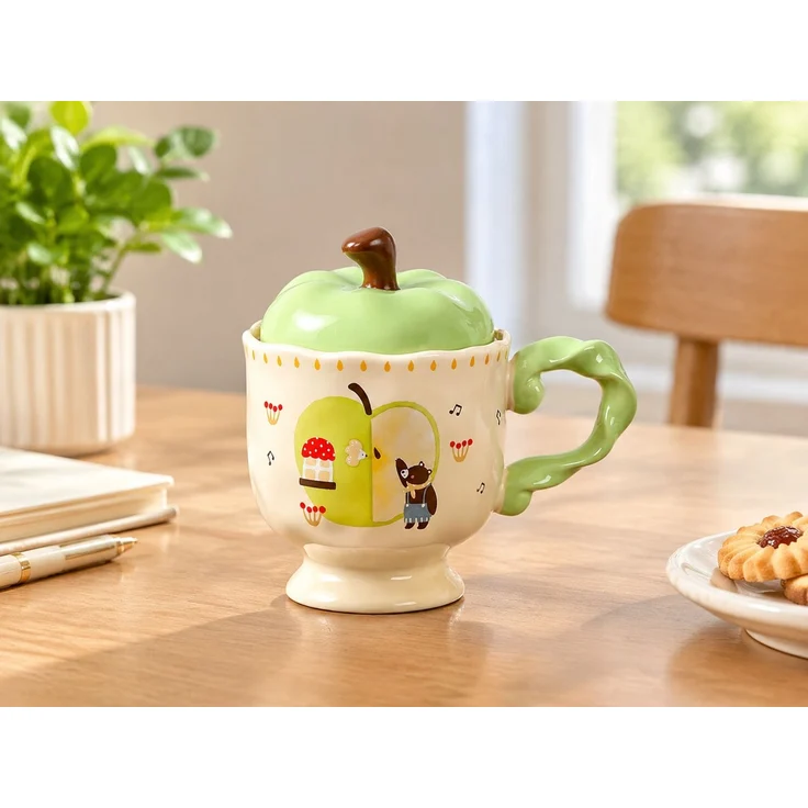 Keramiktasse in Apfelform mit Deckel, Kaffeetasse Trinkbecher, Grün, 14 x 10 x 14 cm – Bild 2