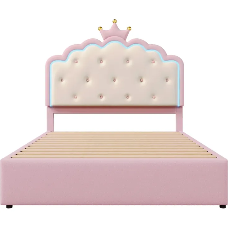 Prinzessinbett mit LED-Beleuchtung, Gästebett und Schubladen, Mädchenbett, Polsterbett für Mädchen, Doppelbett, Kunstleder, 140x200cm – Bild 8