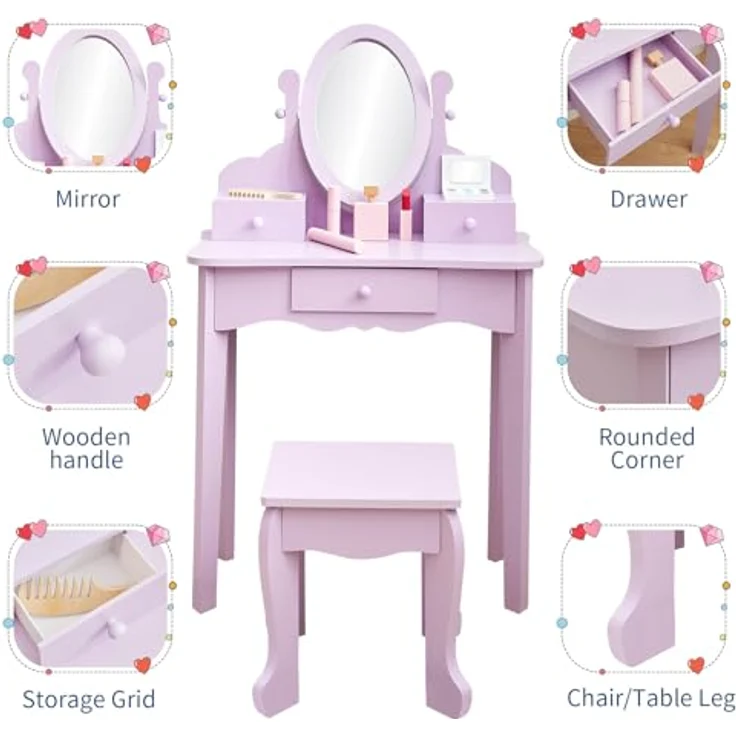 GarveeLife Schminktisch für Kinder, Schminktisch für Mädchen mit Spiegel, Hocker, Schublade, Aufbewahrungsboxen, für Kinder von 3 bis 6 Jahren, Violett – Bild 3