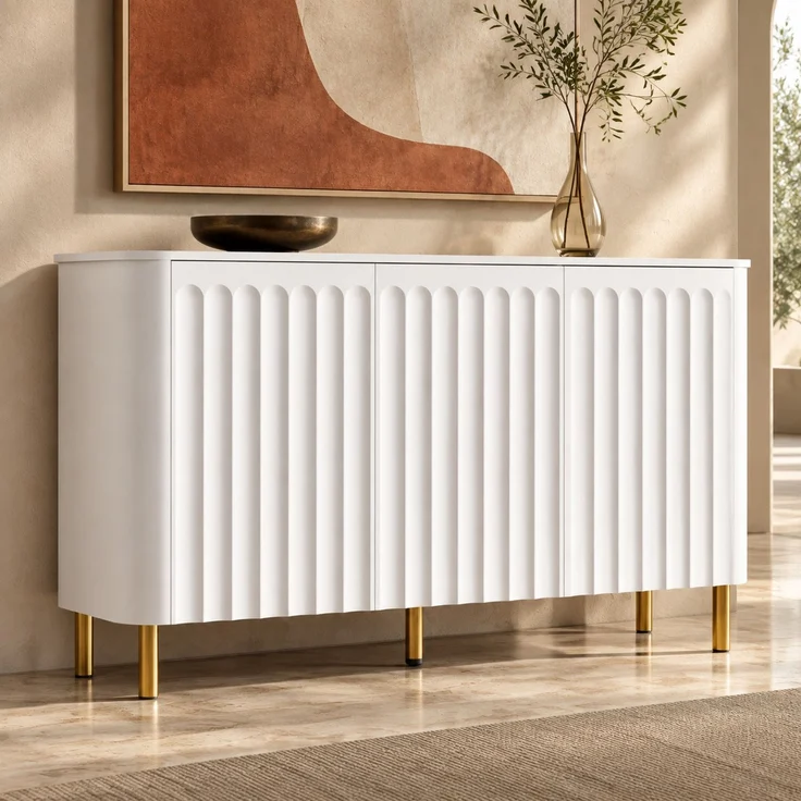 DESVIAE Sideboard Weiß aus MDF – 135x78x36 cm – 3 Türen, Metallfüße – Bild 2